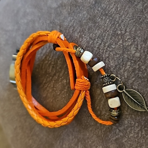 3/$30 Vintage Orange Boho Leather Beaded Watch Bracelet - Picture 5 of 6